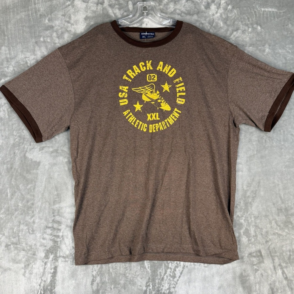 Y2K Aeropostale Mens XL Brown Track Field Athletic Department Graphic T Shirt
